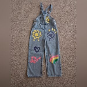 Kids Denim Overalls 6Y with Colorful Flower & Rainbow Prints - Blue